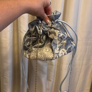 Bhldn bucket blue velvet floral drawstring purse